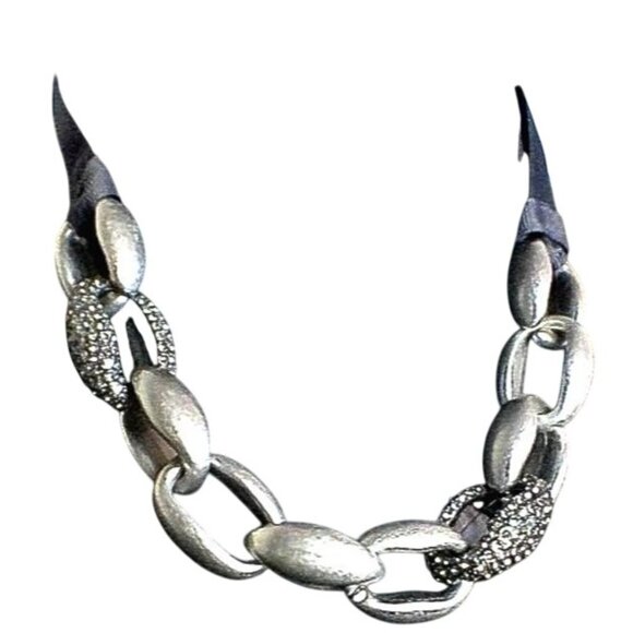 Vintage LOFT Brushed Silver-Tone Link Necklace W/ Crystal Accents & Ribbon Tie - Picture 1 of 4